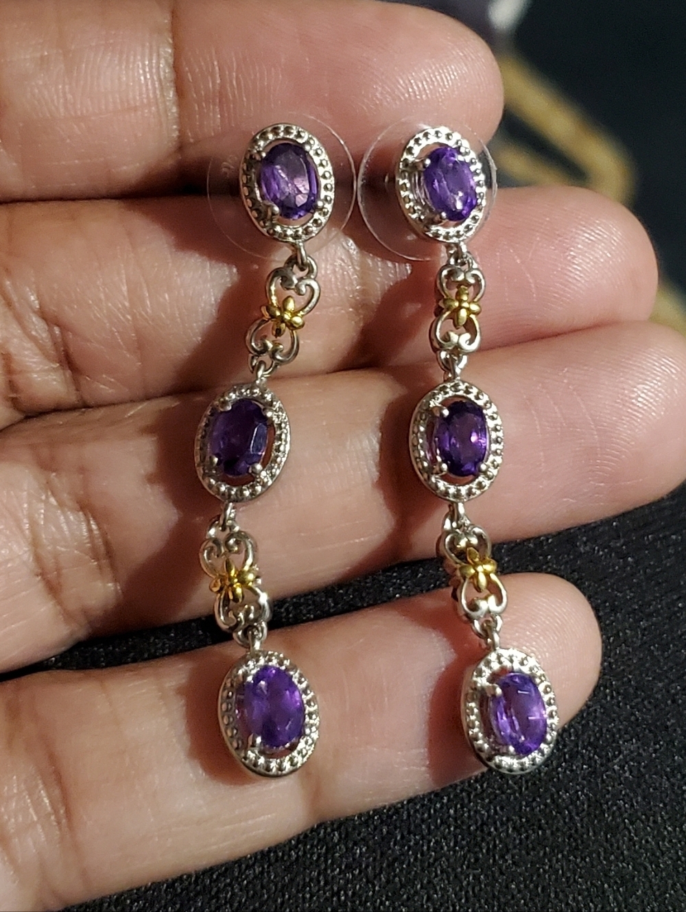 Amethyst Dangle Earrings Gold Rhodium Platinum Plated - Picture 2 of 5